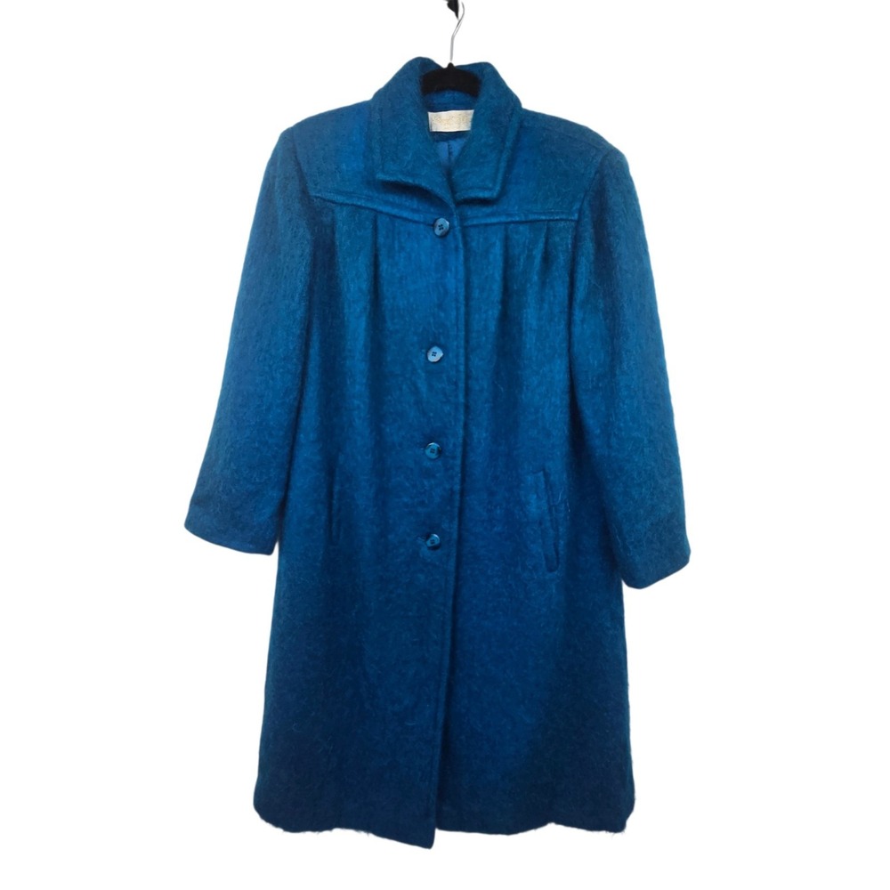 Vintage 60s 70s Mohair Teal Blue Coat Womens L XL Union Made USA Lined Pockets